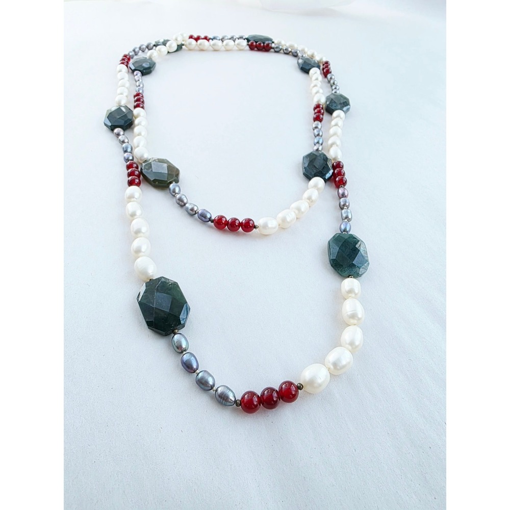 Artisan Handmade Long Pearl Gemstone Necklace Moss Agate Carnelian 58 Inch new